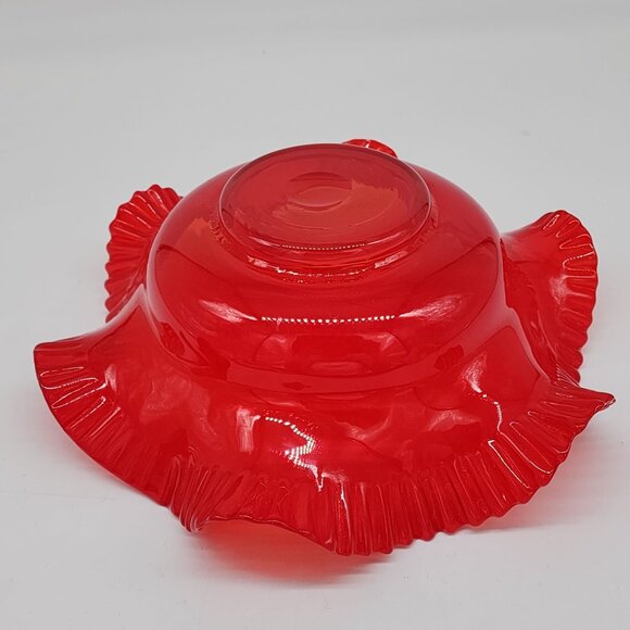 Victorian Antique Red Glass Bowl With Ruffled Edges Decorative Centerpiece - Picture 6 of 7